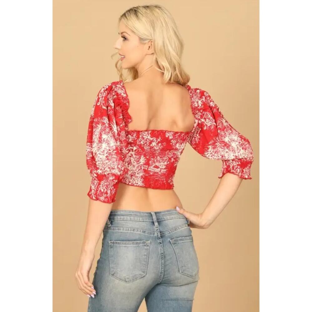 Red Toile Print Smocked Cottagecore Crop Top Puff Sleeve Size Small - Picture 5 of 6